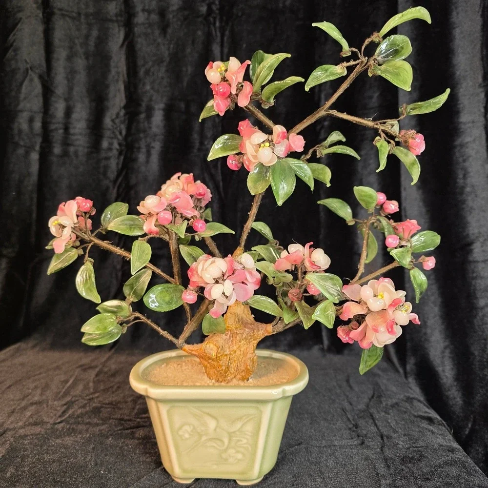 VTG Chinese Peking Glass Bonsai Tree Pink Cherry Blossom Celadon Crane 13